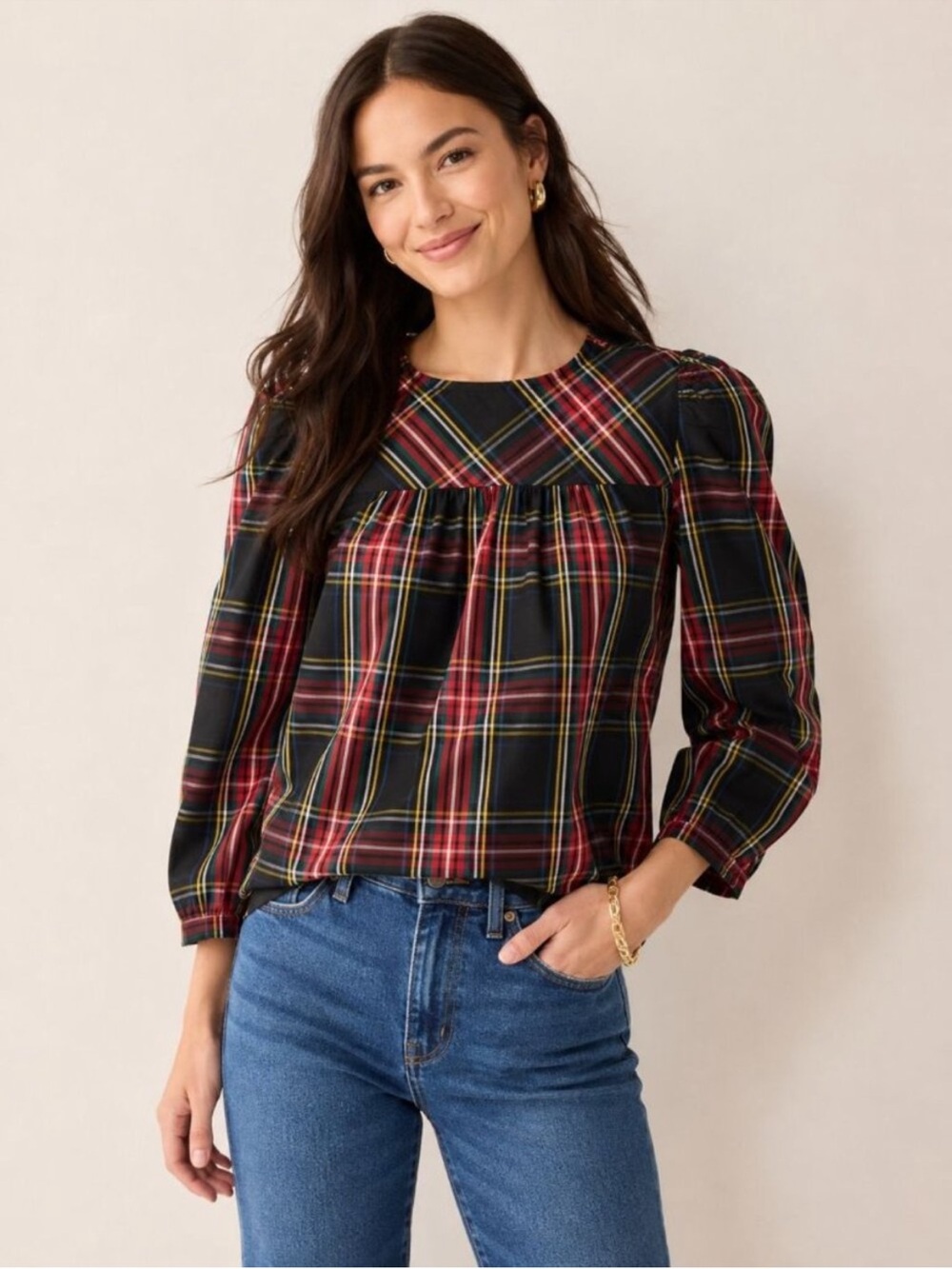 J. Crew Organic Cotton Black Red Plaid Puff-Sleeve Blouse Holiday XXL Festive